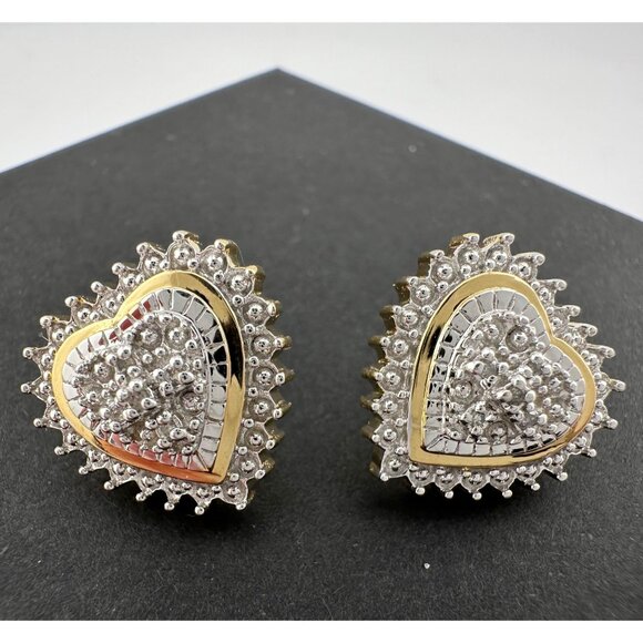 Two Tone Diamond Heart Stud Earrings in Sterling with 14 kt Gold Overlay - Picture 14 of 15